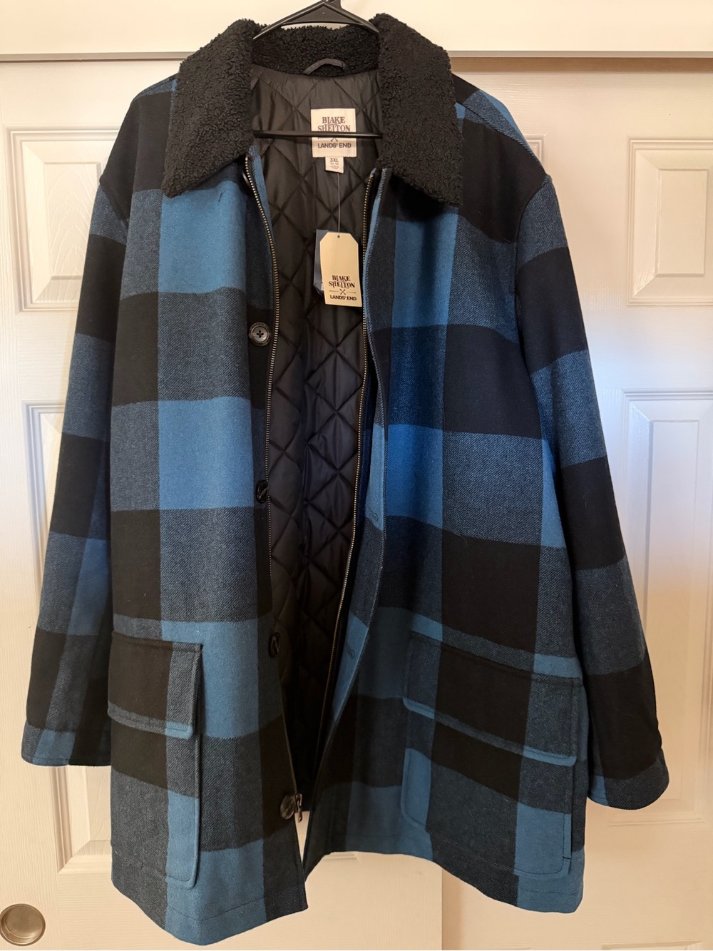 Lands' End Blake Shelton Navy and Black Quilted Coat with Sherpa Trim